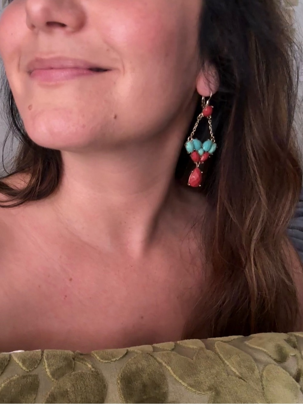 Vintage Coral and Turquoise Chandelier Drop Statement Earrings 🌿